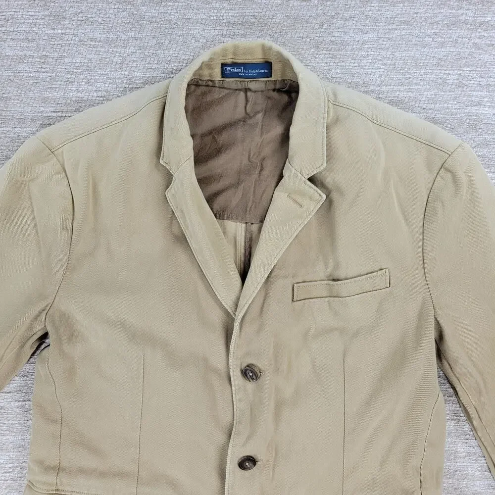 Vintage Polo Ralph Lauren 3 Button Blazer Jacket Mens 42R Khaki Tan Cotton Twill - Picture 4 of 16